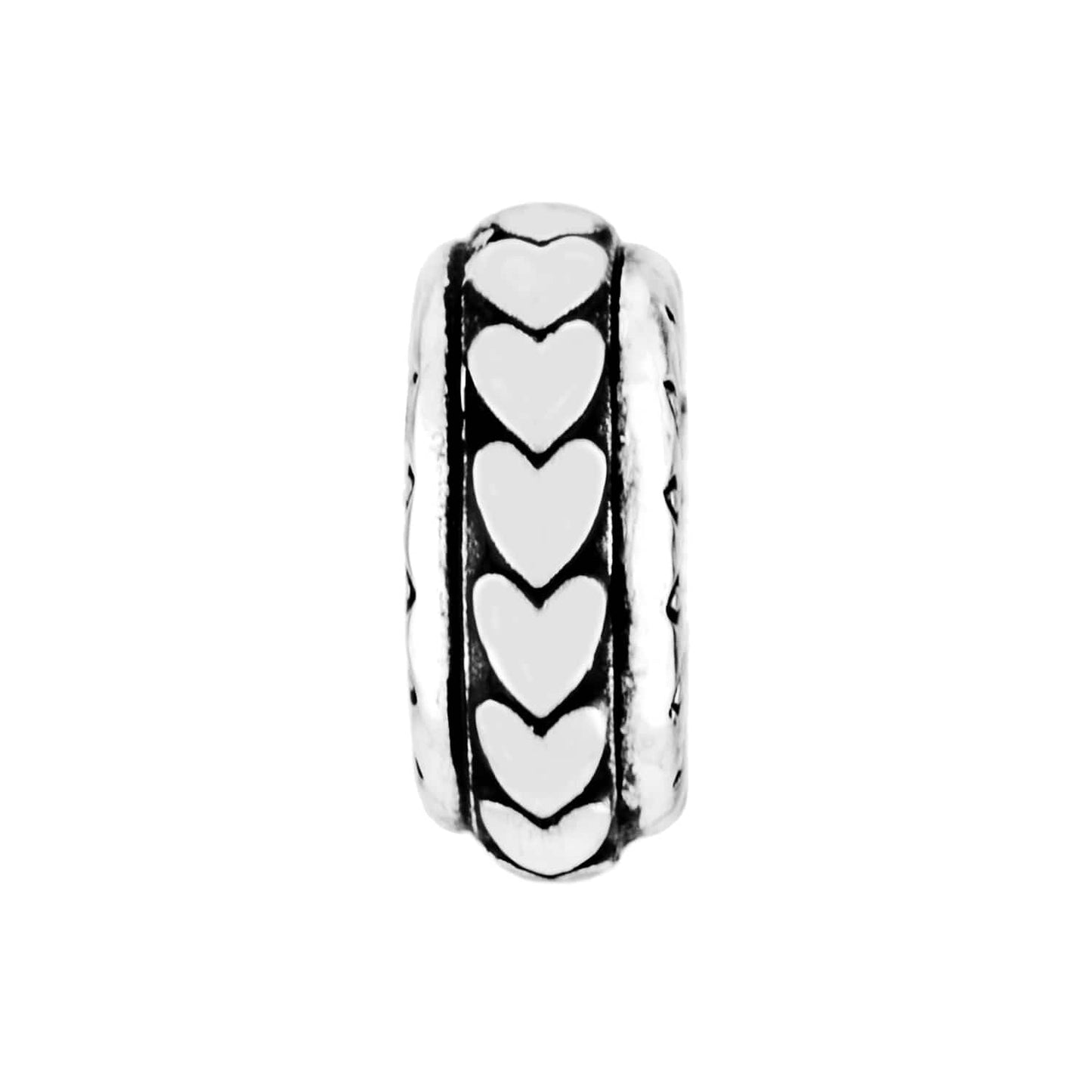 Brighton spacer charm with silver-tone raised heart pattern and beaded side edges on a white background