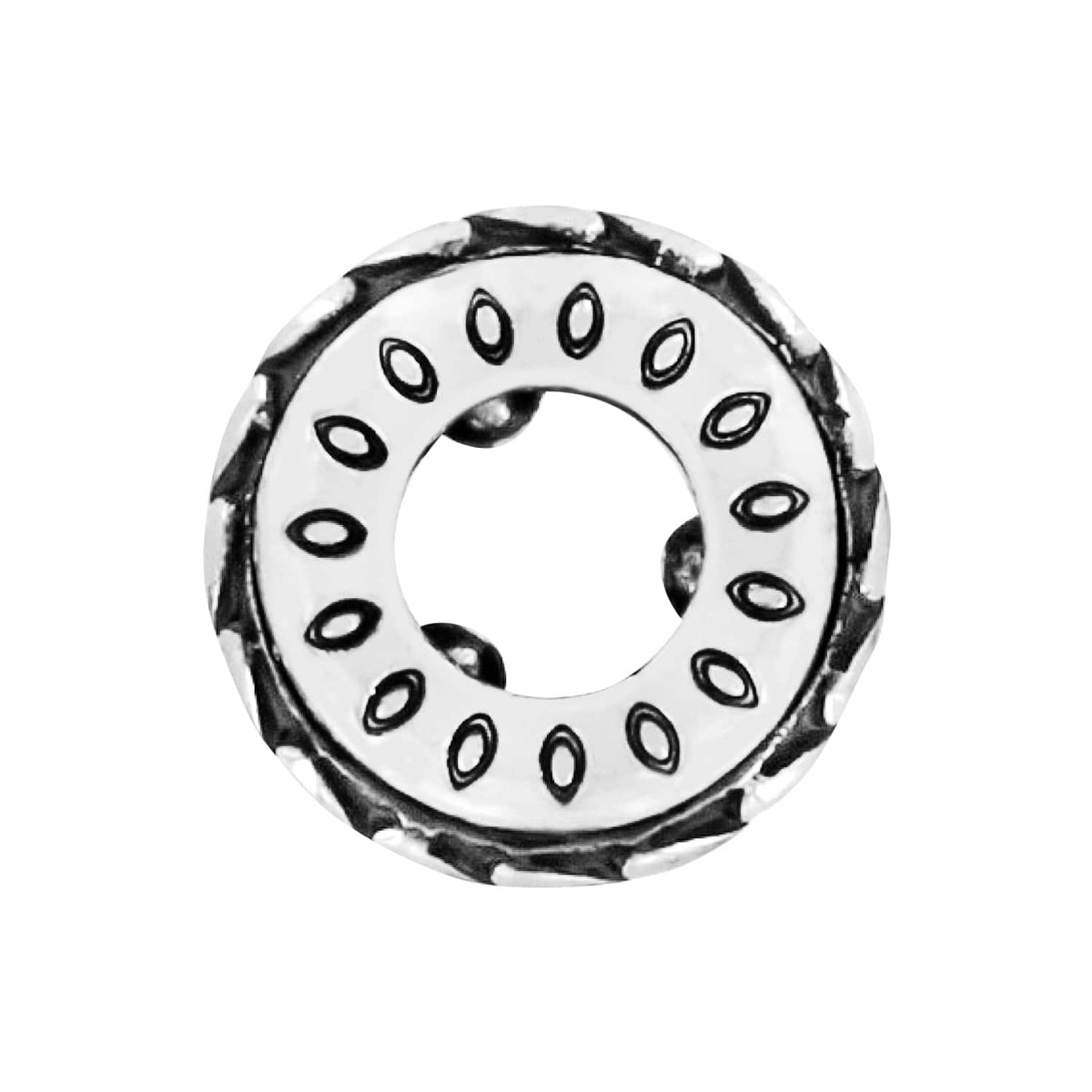 Brighton silver-tone bead spacer with oval dot pattern and braided outer edge design on a white background