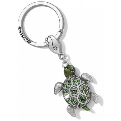Brighton turtle keychain with green enamel and crystal-encrusted shell on silver-tone split ring on a white background
