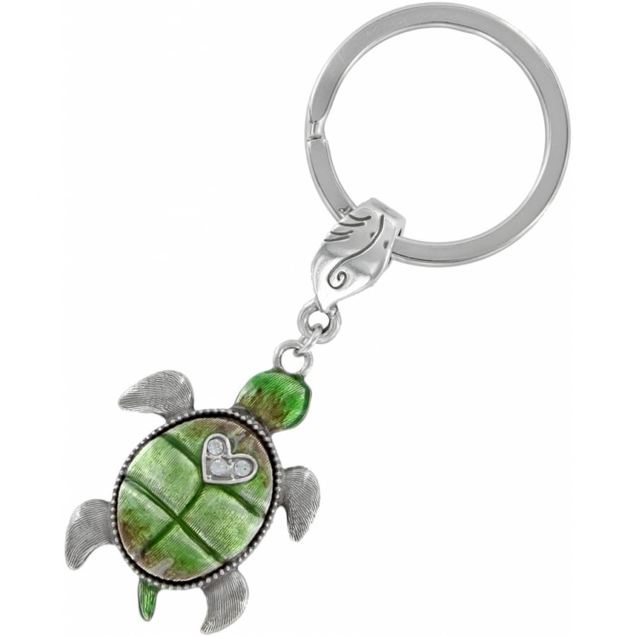 Brighton turtle keychain with green enamel shell, crystal heart accent, and silver-tone ring on a white background