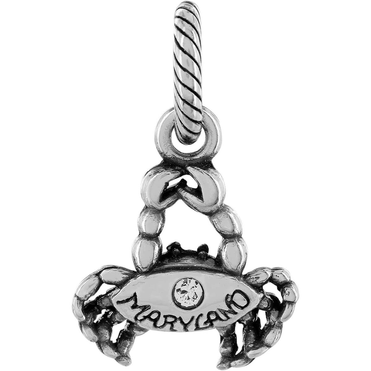 Brighton crab charm with silver-plated finish, engraved Maryland lettering, and single crystal accent on a white background