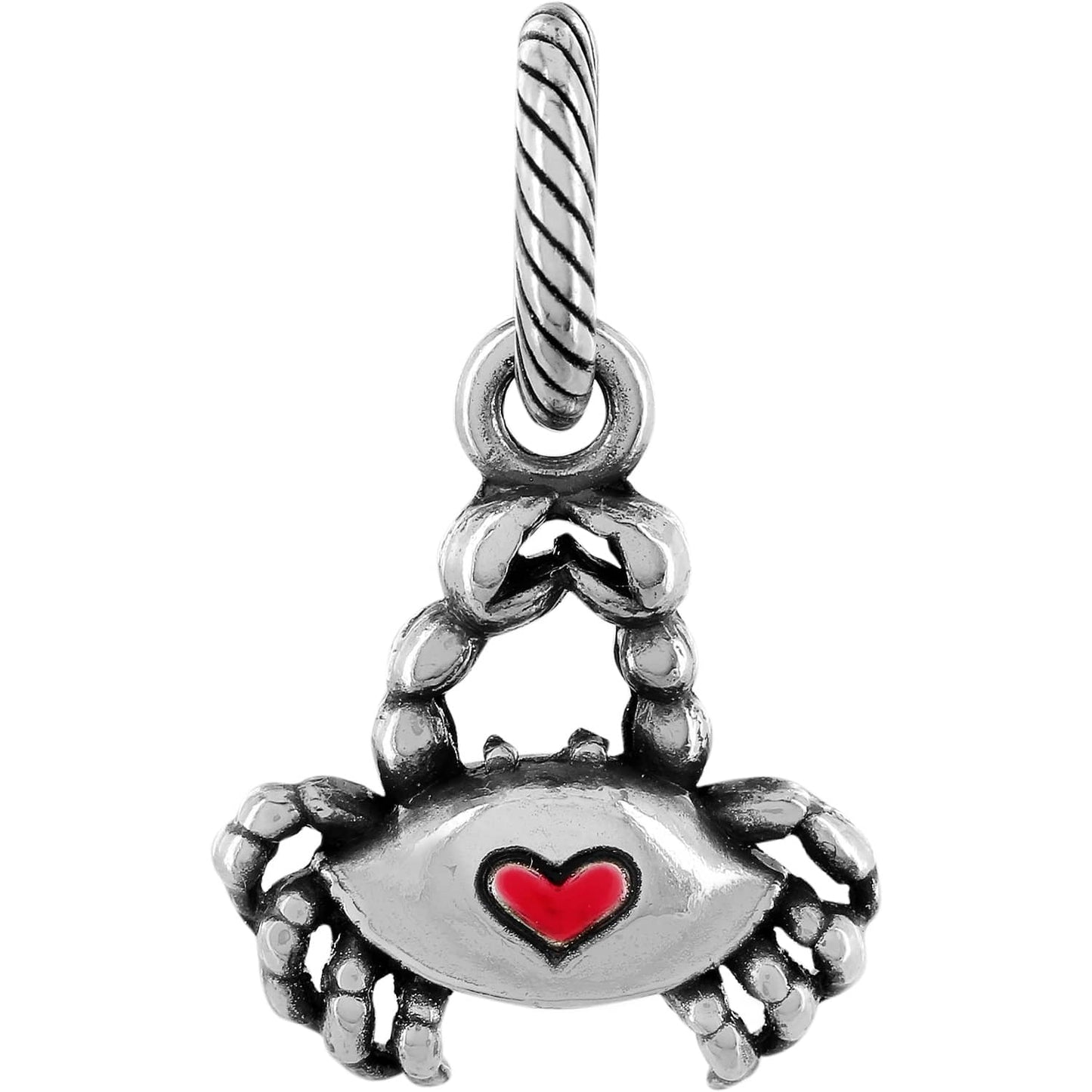 Brighton crab charm with silver-plated finish and red enamel heart accent on the shell on a white background