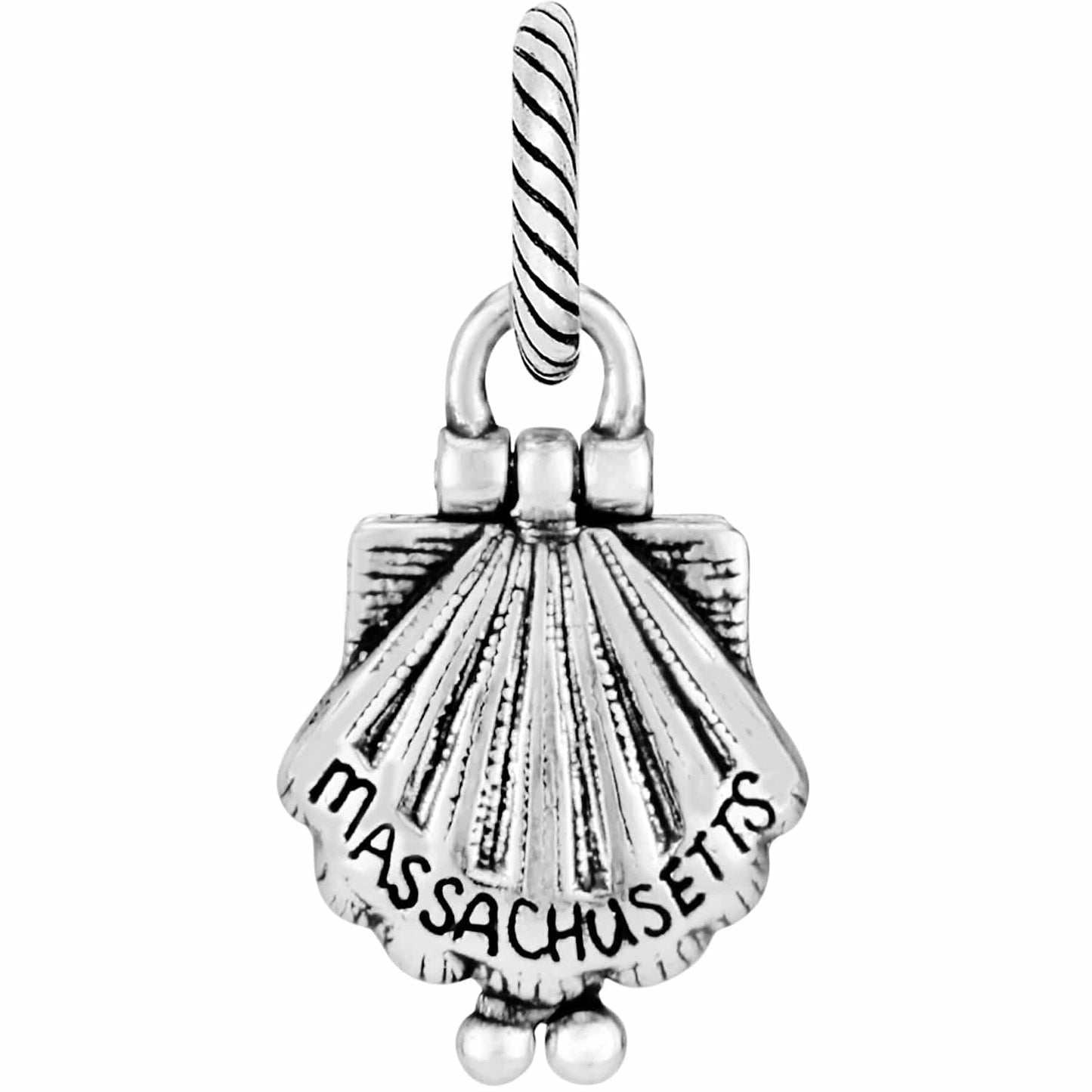 Brighton seashell charm with Massachusetts engraving and silver-plated rope-textured bail on a white background