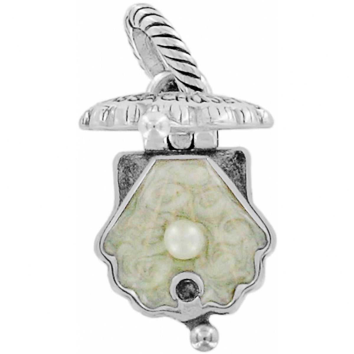 Brighton charm with carved ivory-toned floral stone, center pearl accent, and silver-plated rope bail on a white background