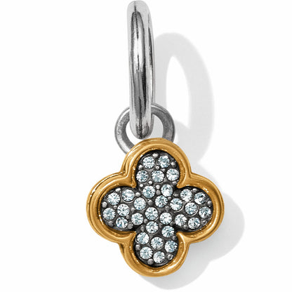 Brighton clover charm with gold-tone border and pavé crystal center on a silver-tone ring on a white background