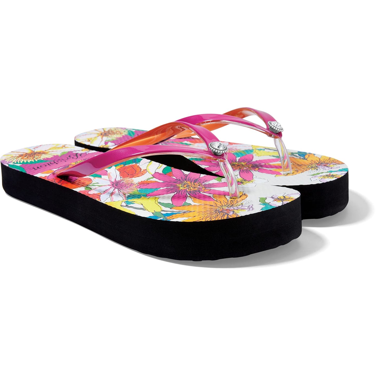 Brighton flip-flop sandals with pink straps, floral print footbed, and black rubber platform sole on a white background