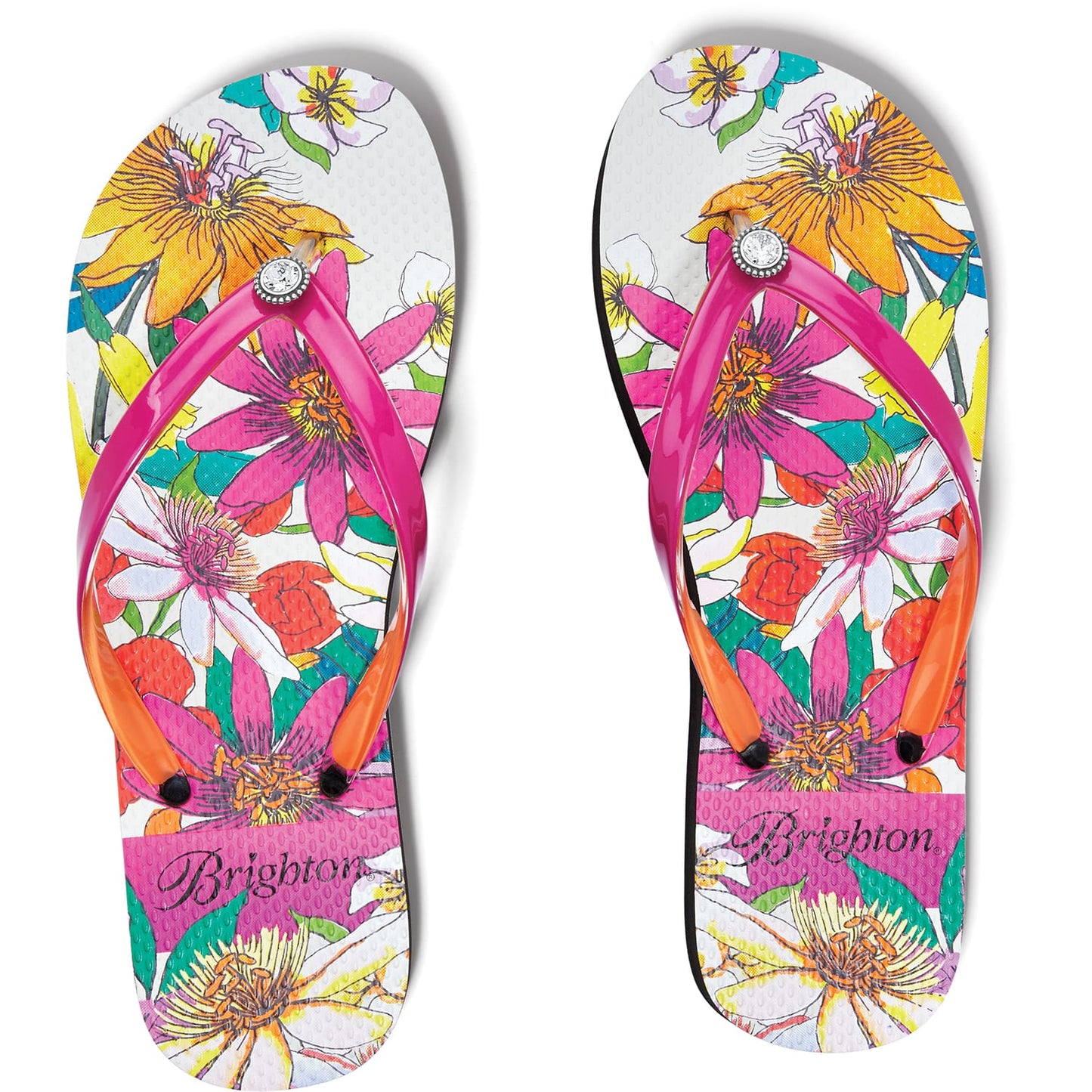 Brighton rubber flip-flop sandals with tropical floral print, pink and orange straps, and crystal accents on a white background