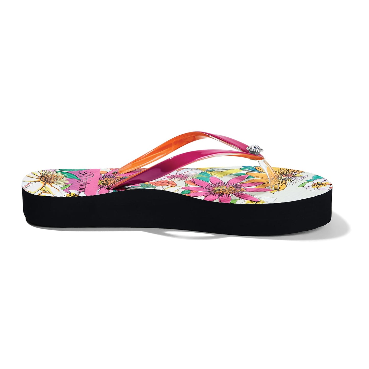 Brighton flip-flop sandals with pink and orange straps, floral print footbed, and black rubber sole on a white background
