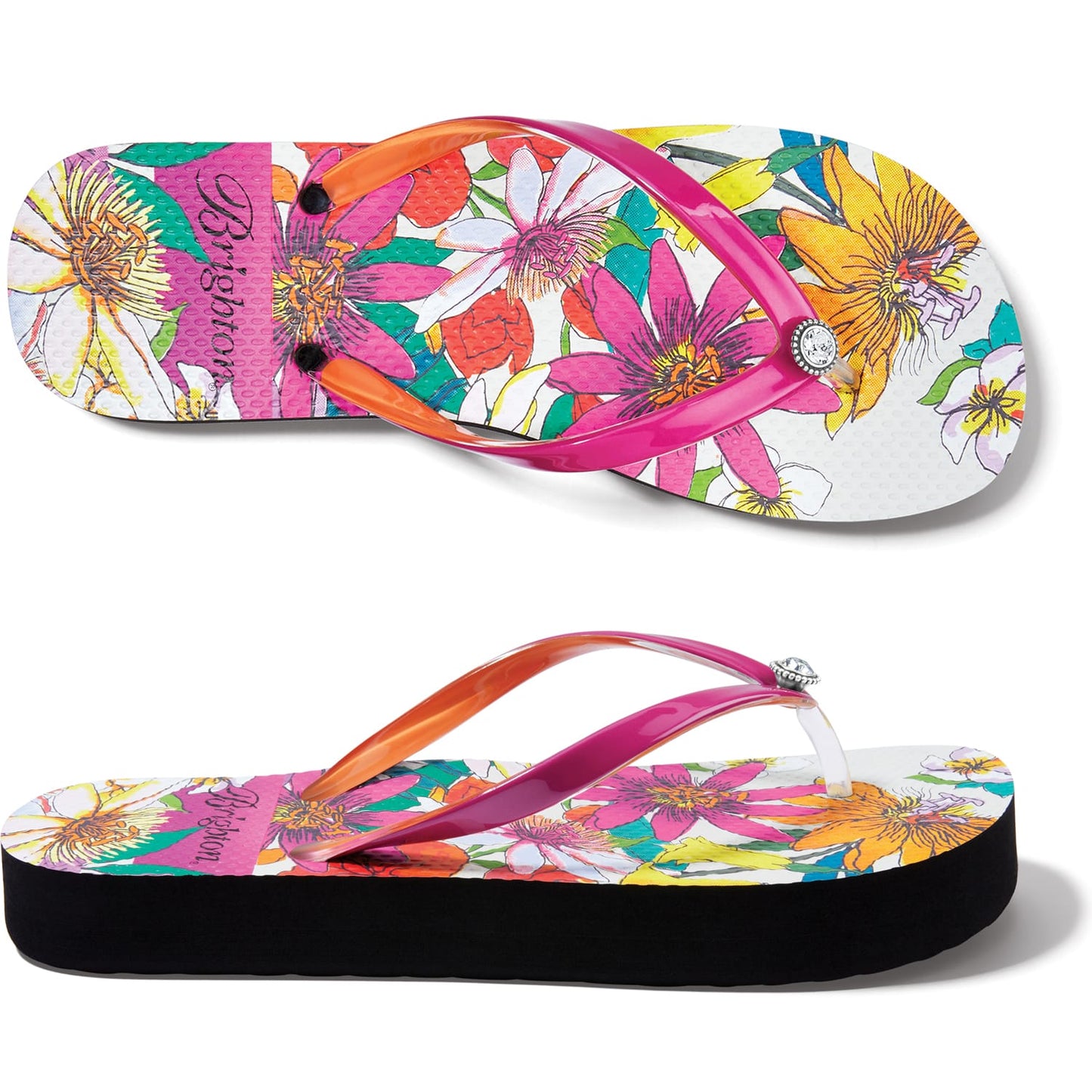 Brighton rubber flip-flop sandals with pink and orange straps, floral print footbed, and black platform sole on a white background