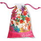 Brighton drawstring pouch with colorful floral print, pink fabric base, and pink cords on a white background