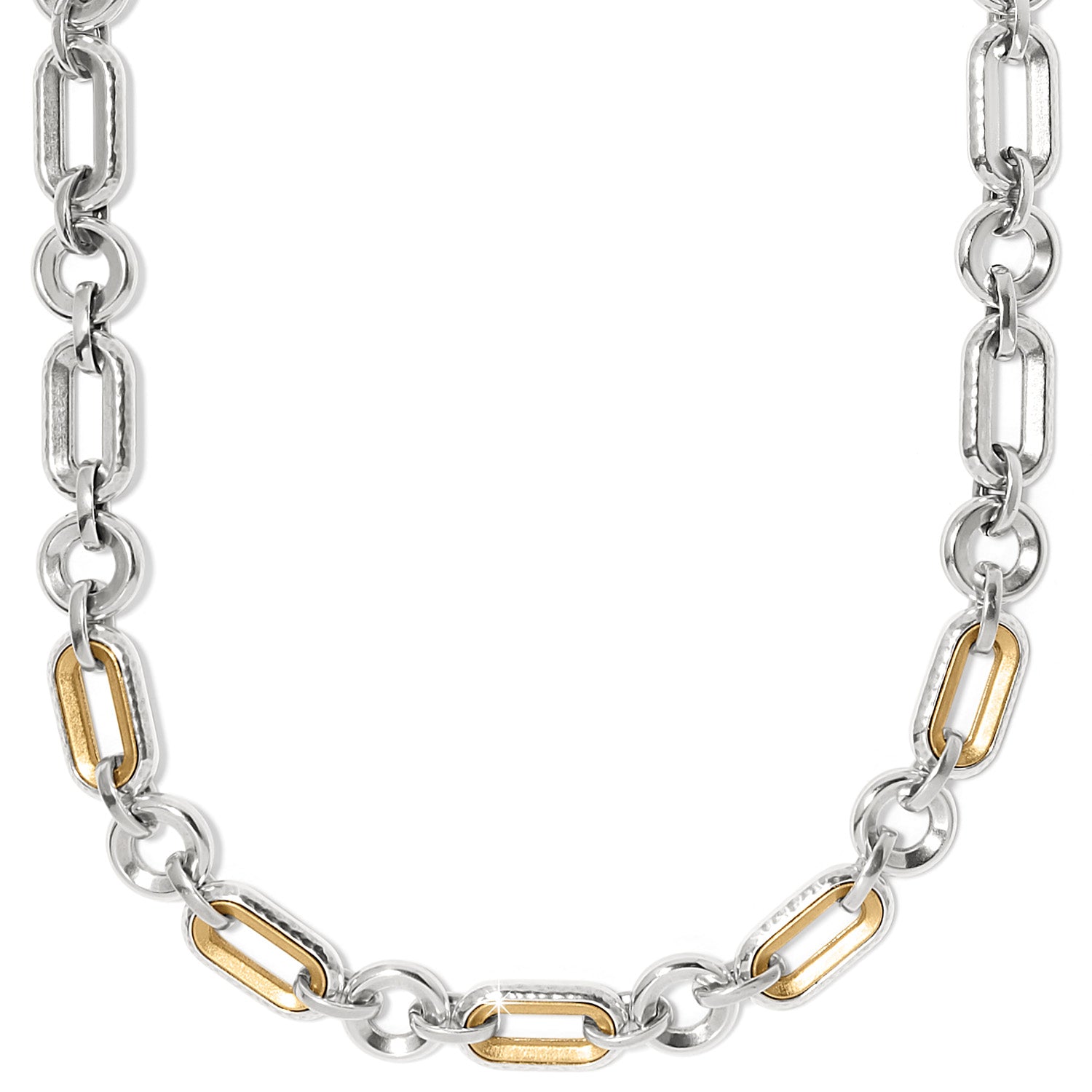 Brighton necklace with two-tone hammered silver and gold oval links connected by round silver rings on a white background