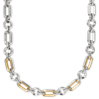 Brighton necklace with two-tone hammered silver and gold oval links connected by round silver rings on a white background