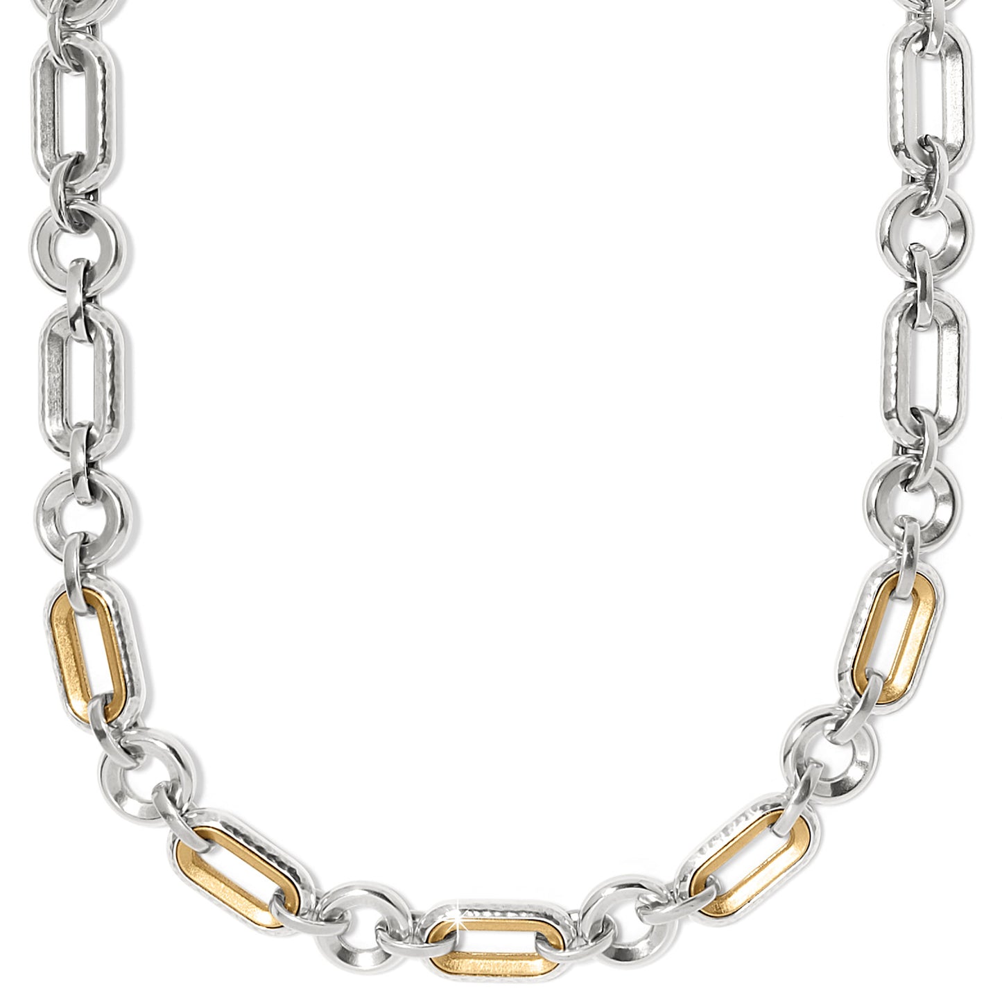 Brighton necklace with two-tone hammered silver and gold oval links connected by round silver rings on a white background