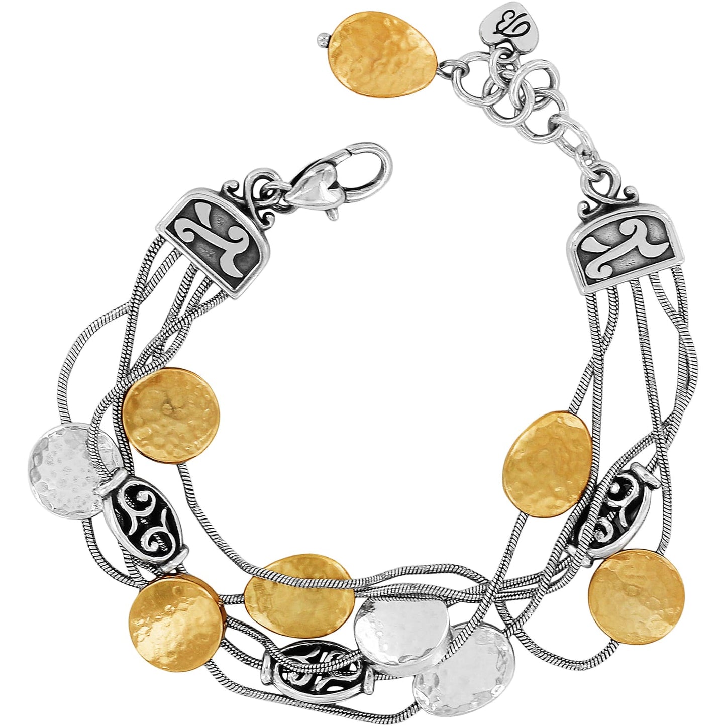 Brighton multi-strand bracelet with hammered gold-plated and silver-plated discs, scroll accents, and lobster clasp on a white background