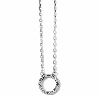 Brighton pendant necklace with silver-plated circular ring featuring scroll detailing on a delicate chain on a white background