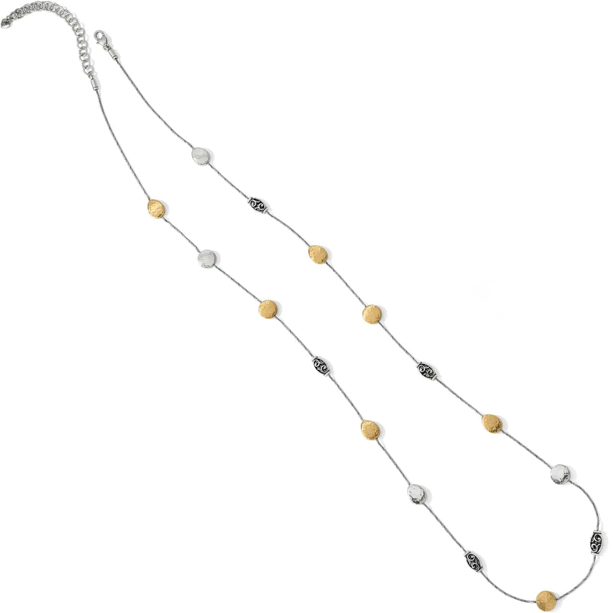 Brighton long station necklace with silver-plated chain, hammered brushed gold discs, and scrollwork beads on a white background