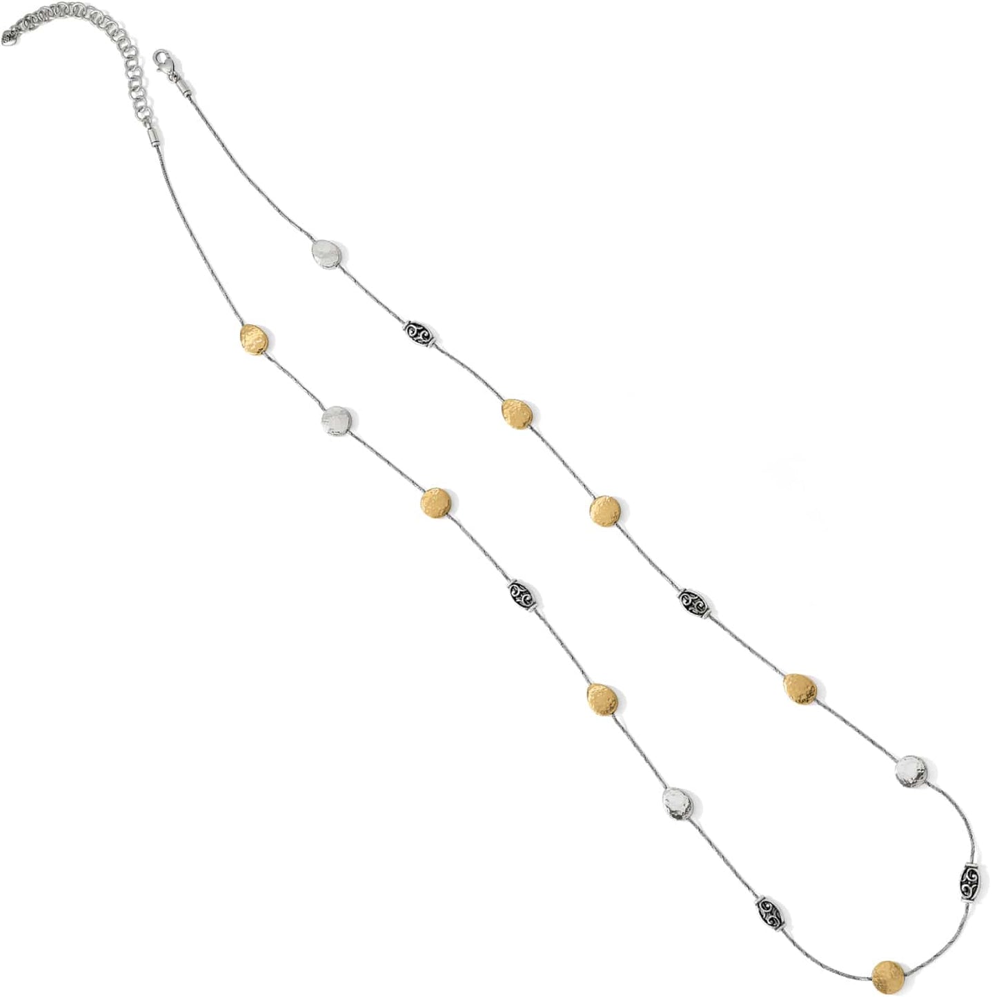 Brighton long station necklace with silver-plated chain, hammered brushed gold discs, and scrollwork beads on a white background