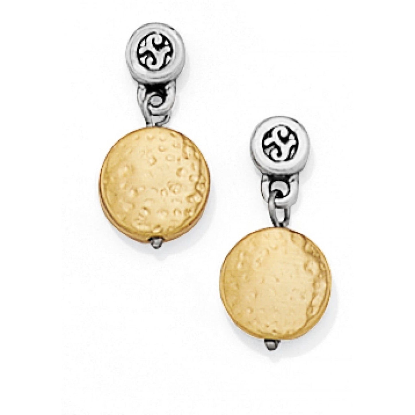 Brighton drop earrings with hammered brushed gold-plated discs and silver-plated scroll accents on a white background