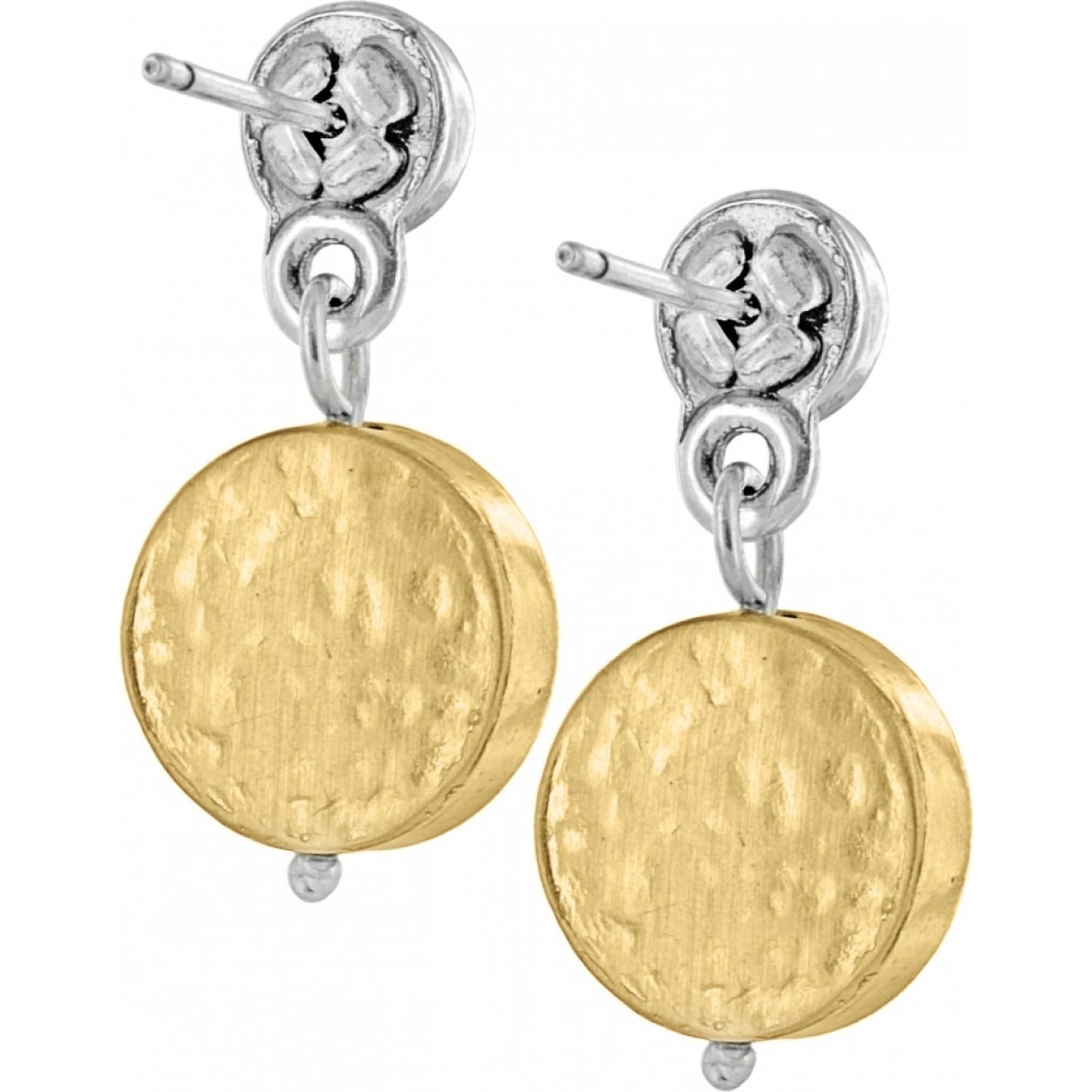 Brighton drop earrings with brushed gold-plated hammered discs and silver-plated posts on a white background