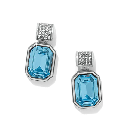 Brighton drop earrings with emerald-cut blue crystals and silver-plated pave crystal tops on a white background