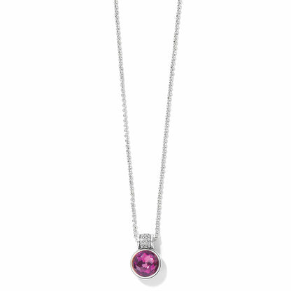 Brighton pendant necklace with round faceted pink crystal and silver-plated crystal-accented bail on a white background
