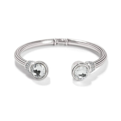 Brighton silver-plated cuff bracelet with two large faceted crystal end caps and pavé crystal accents on a white background