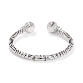 Brighton hinged cuff bracelet with silver-plated ribbed band and crystal accented ball ends on a white background