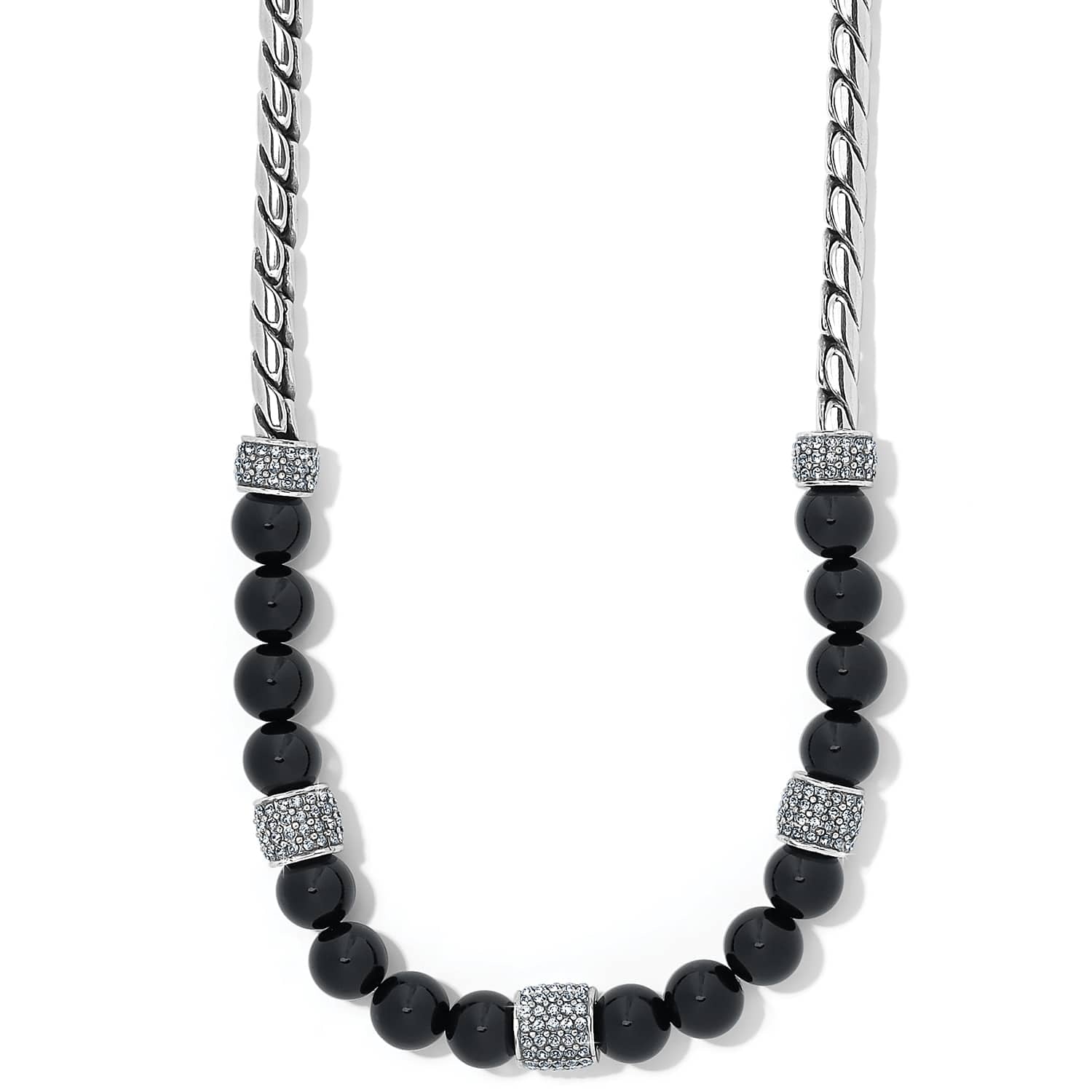 Brighton necklace with black onyx beads, silver-plated rope chain, and crystal pavé station accents on a white background