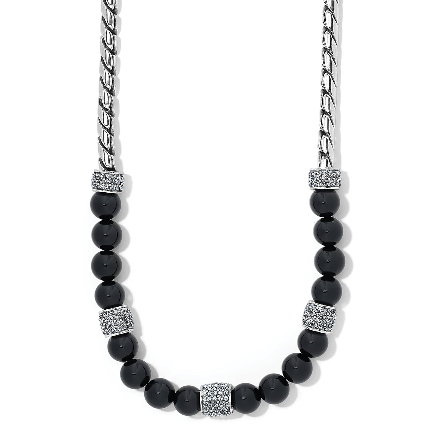 Brighton necklace with black onyx beads, silver-plated rope chain, and crystal pavé station accents on a white background