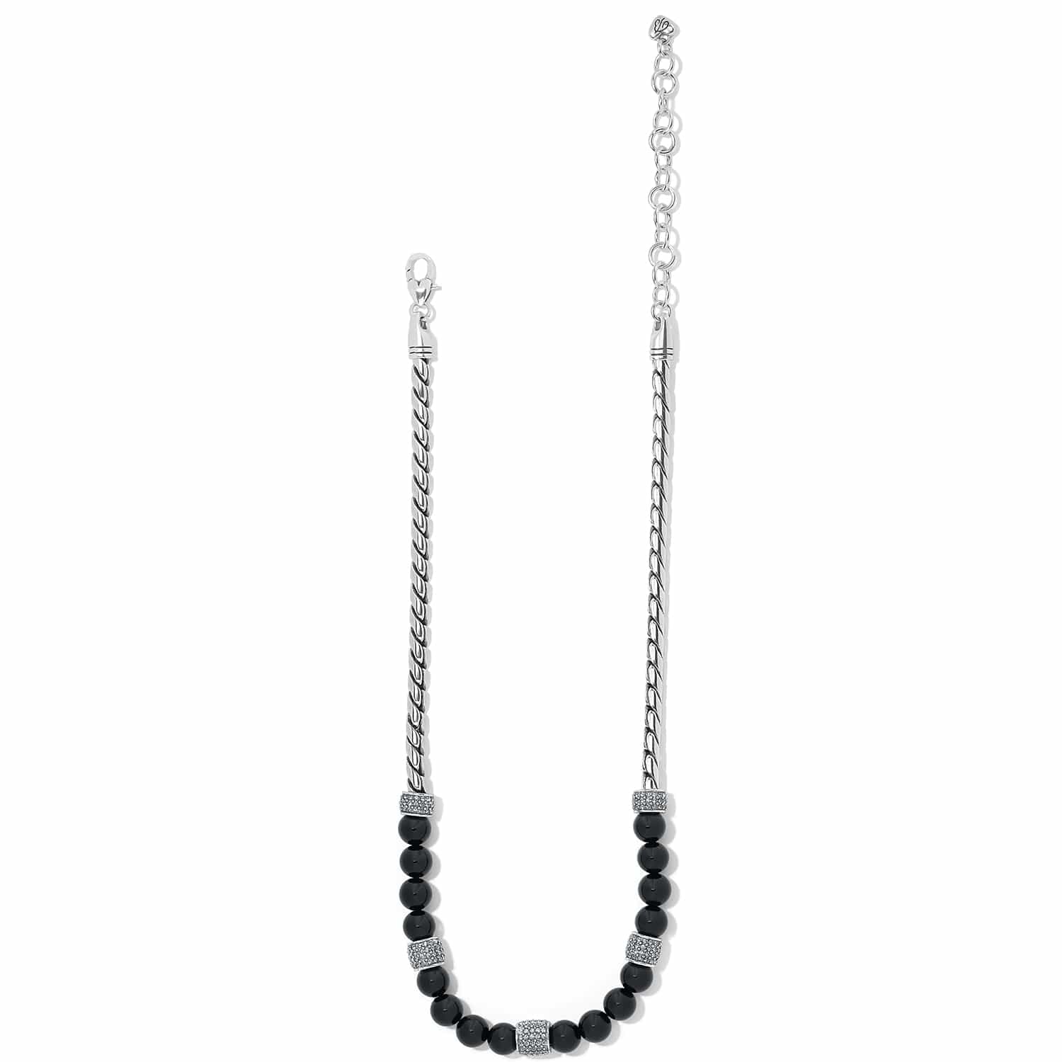 Brighton silver-plated necklace with black onyx beads, crystal accent stations, and twisted rope chain on a white background
