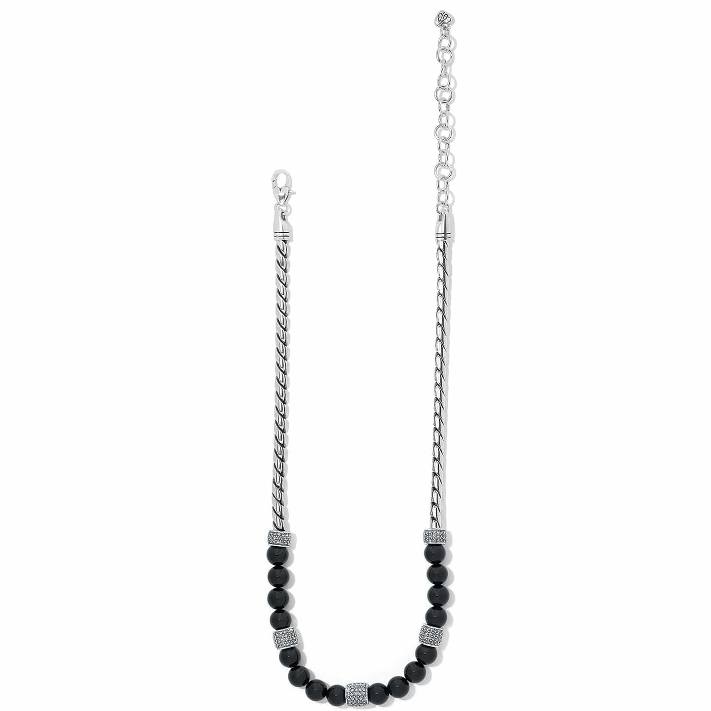 Brighton silver-plated necklace with black onyx beads, crystal accent stations, and twisted rope chain on a white background