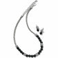 Brighton necklace with black onyx beads, silver-plated rope chain, and crystal pavé accents with matching earrings on a white background