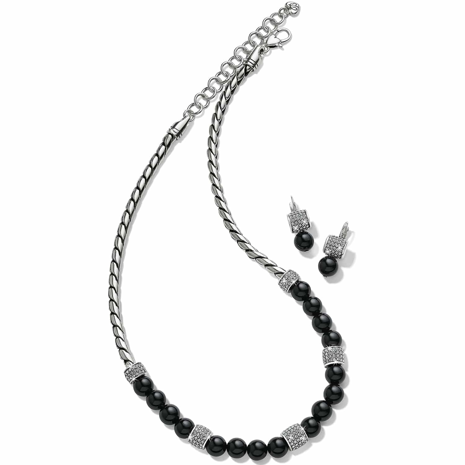 Brighton necklace with black onyx beads, silver-plated rope chain, and crystal pavé accents with matching earrings on a white background