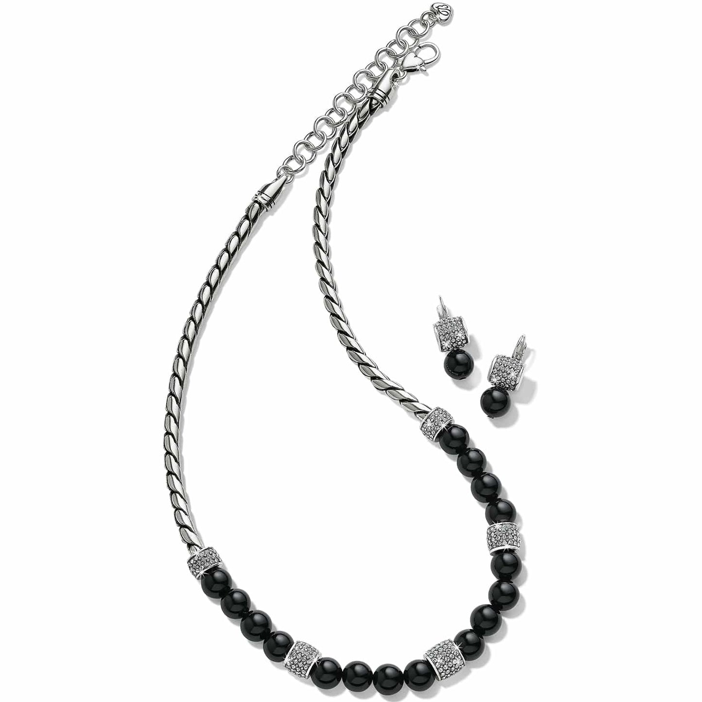 Brighton necklace with black onyx beads, silver-plated rope chain, and crystal pavé accents with matching earrings on a white background