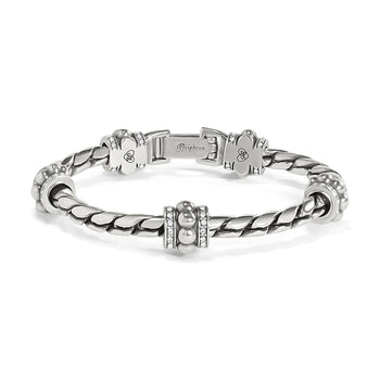 Brighton bracelet with silver-plated twisted rope band, crystal-accented station beads, and hinged clasp on a white background