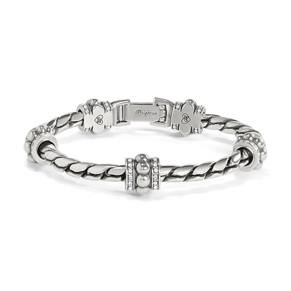 Brighton bracelet with silver-plated twisted rope band, crystal-accented station beads, and hinged clasp on a white background