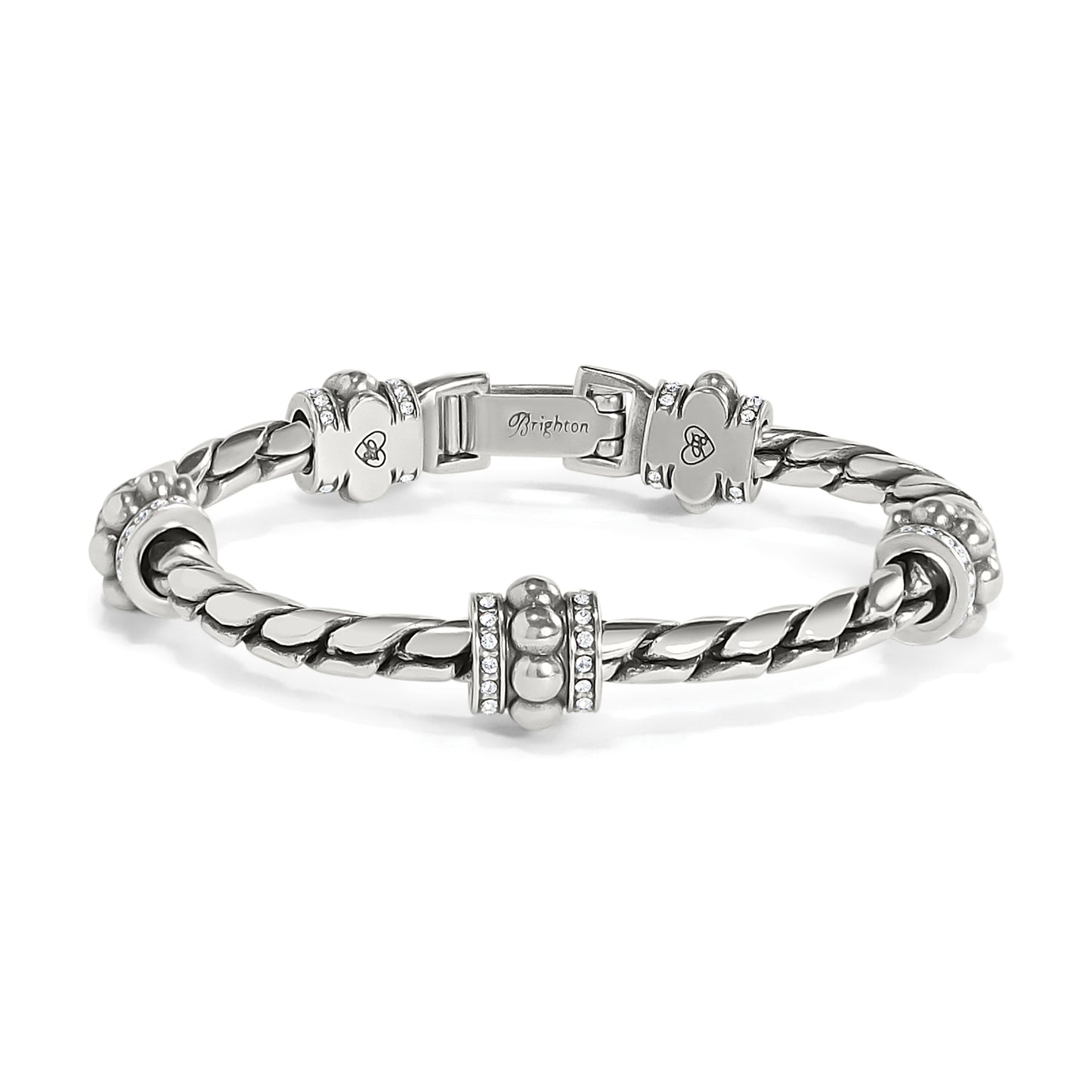 Brighton bracelet with silver-plated twisted rope band, crystal-accented station beads, and hinged clasp on a white background
