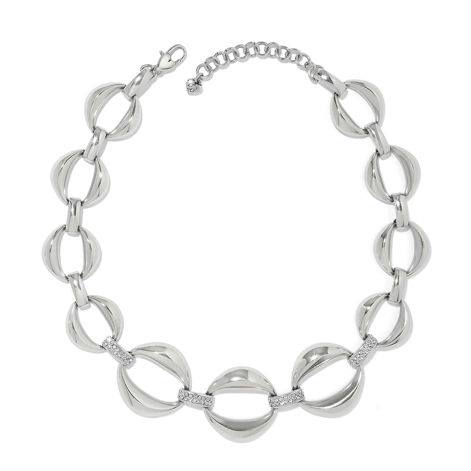 Brighton silver-plated link necklace with oval links and crystal accent bars with lobster clasp on a white background