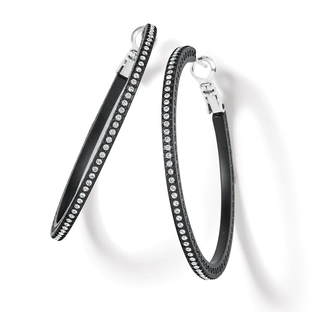 Brighton hoop earrings with black lacquer finish and crystal accents along the front on a white background