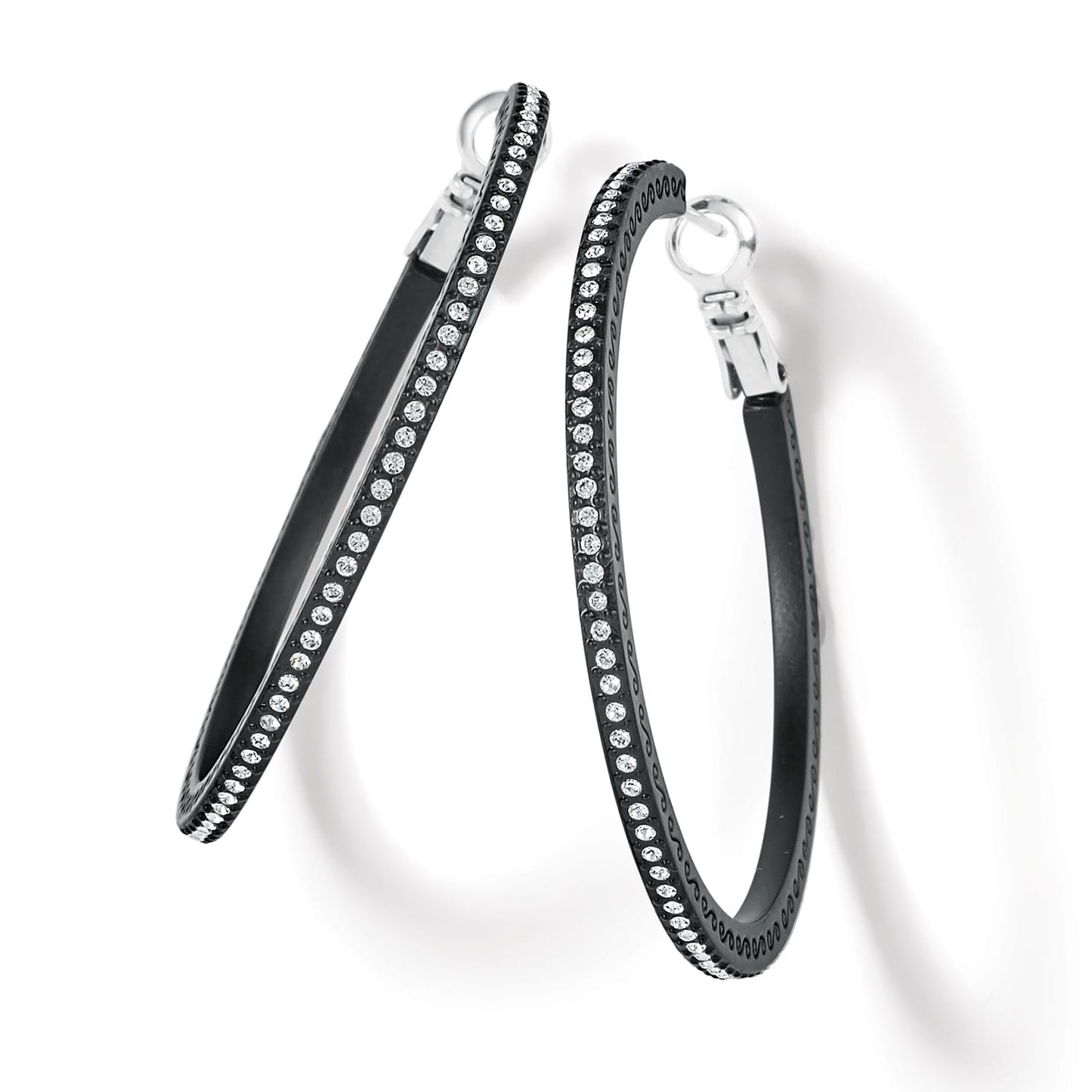 Brighton hoop earrings with black lacquer finish and crystal accents along the front on a white background
