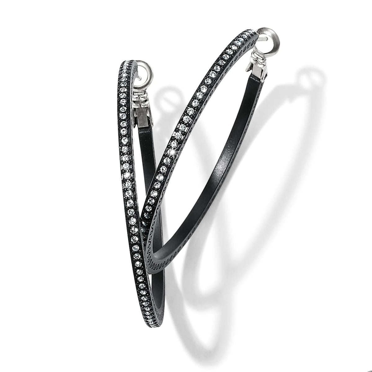 Brighton hoop earrings with black lacquer finish and pavé crystal accents along the front on a white background