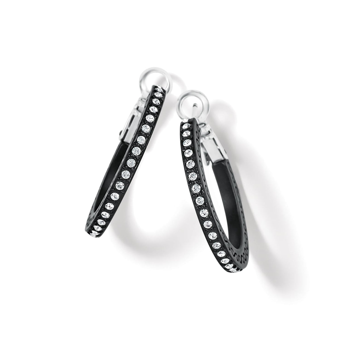 Brighton hoop earrings with black lacquer finish and crystal accents along the outer edges on a white background