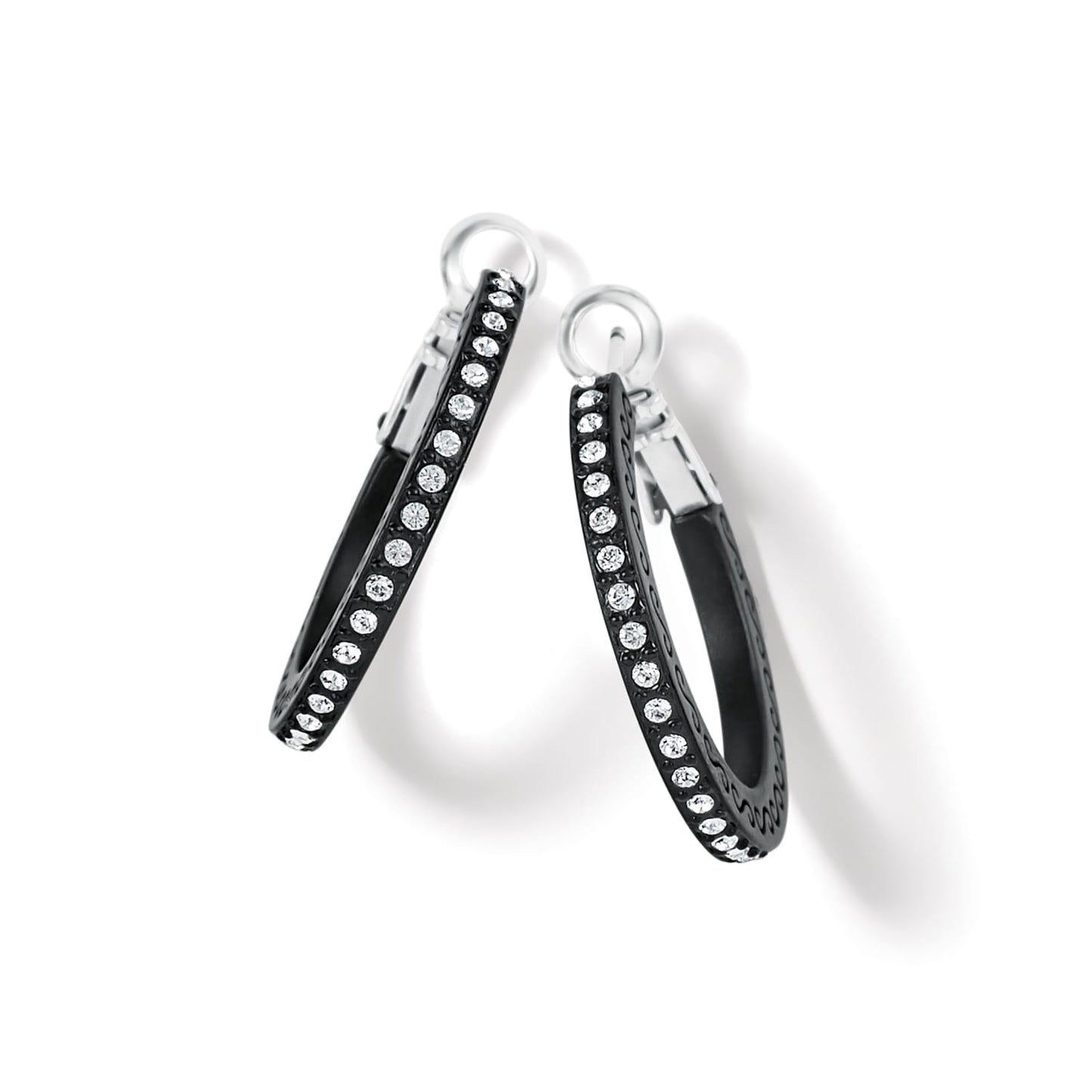 Brighton hoop earrings with black lacquer finish and crystal accents along the outer edges on a white background