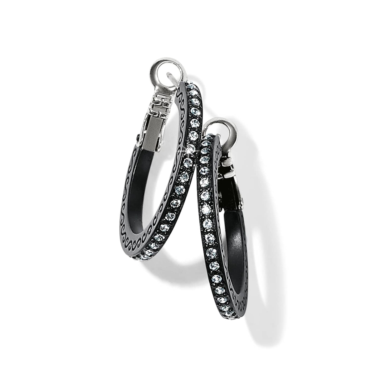 Brighton hoop earrings with black lacquer finish and crystal-lined edges featuring scroll detailing on a white background