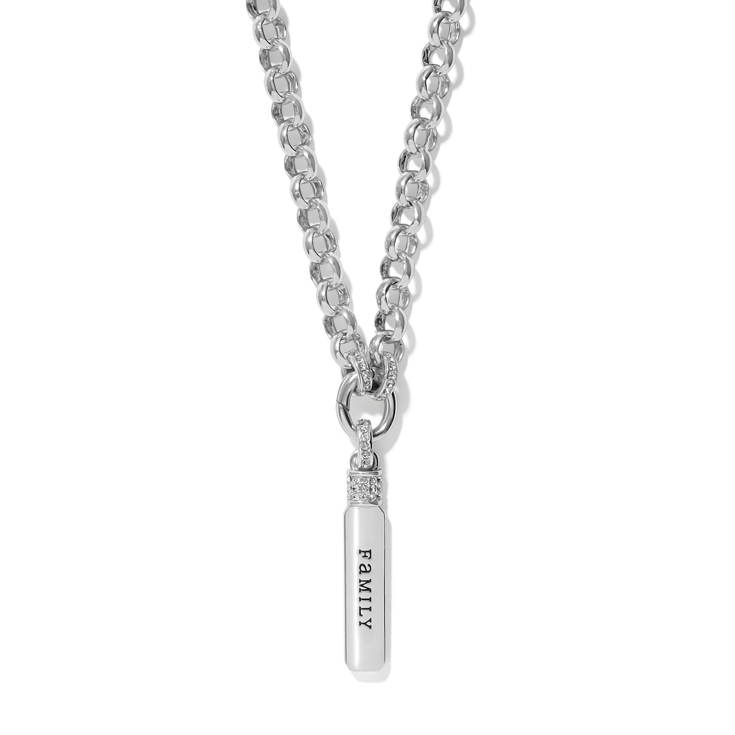 Brighton pendant necklace with silver-plated rolo chain and engraved Family bar pendant with crystal accents on a white background