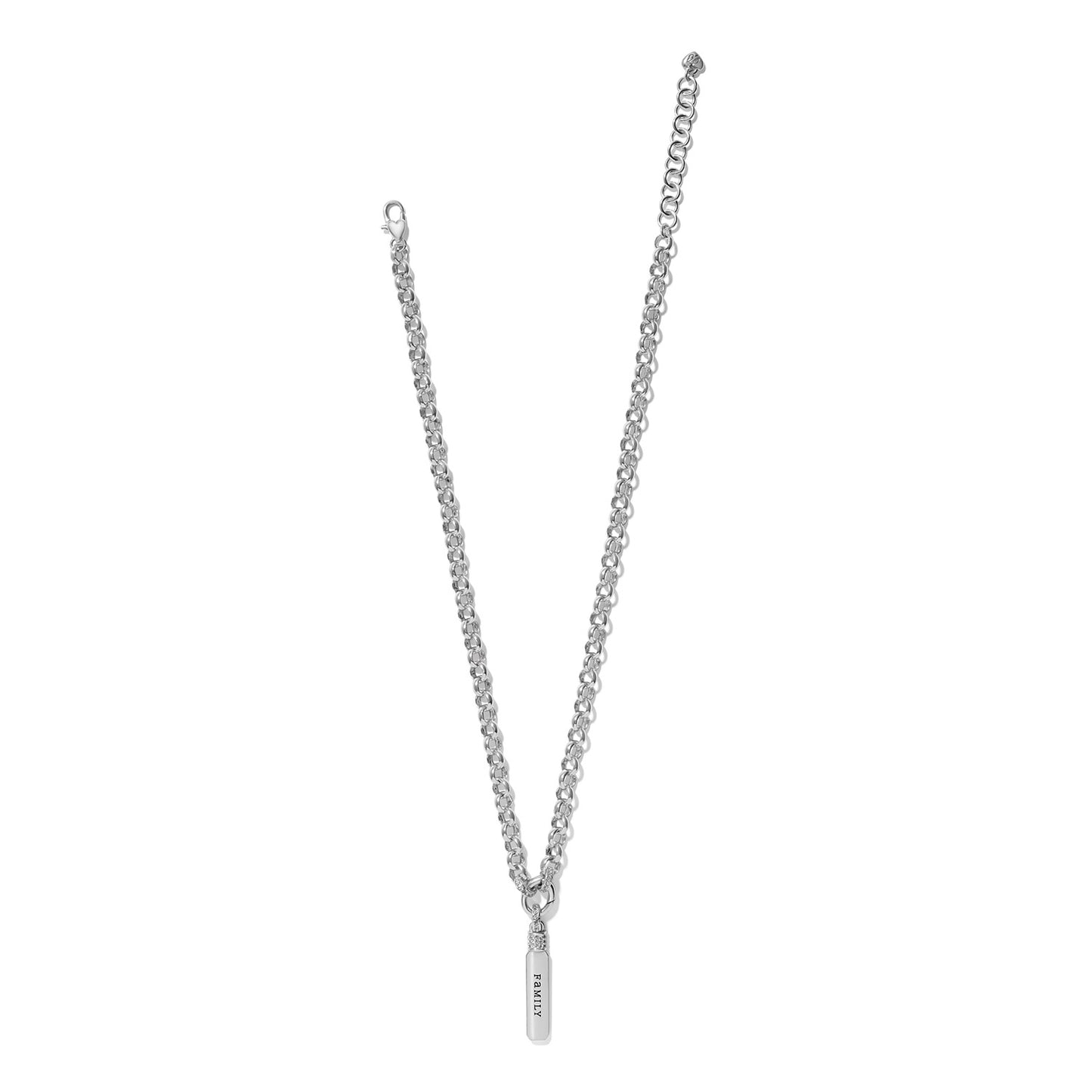 Brighton pendant necklace with silver-plated rolo chain, lobster clasp, and engraved Family bar pendant on a white background