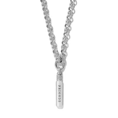 Brighton pendant necklace with silver-plated rolo chain and engraved Friends bar charm with crystal accents on a white background