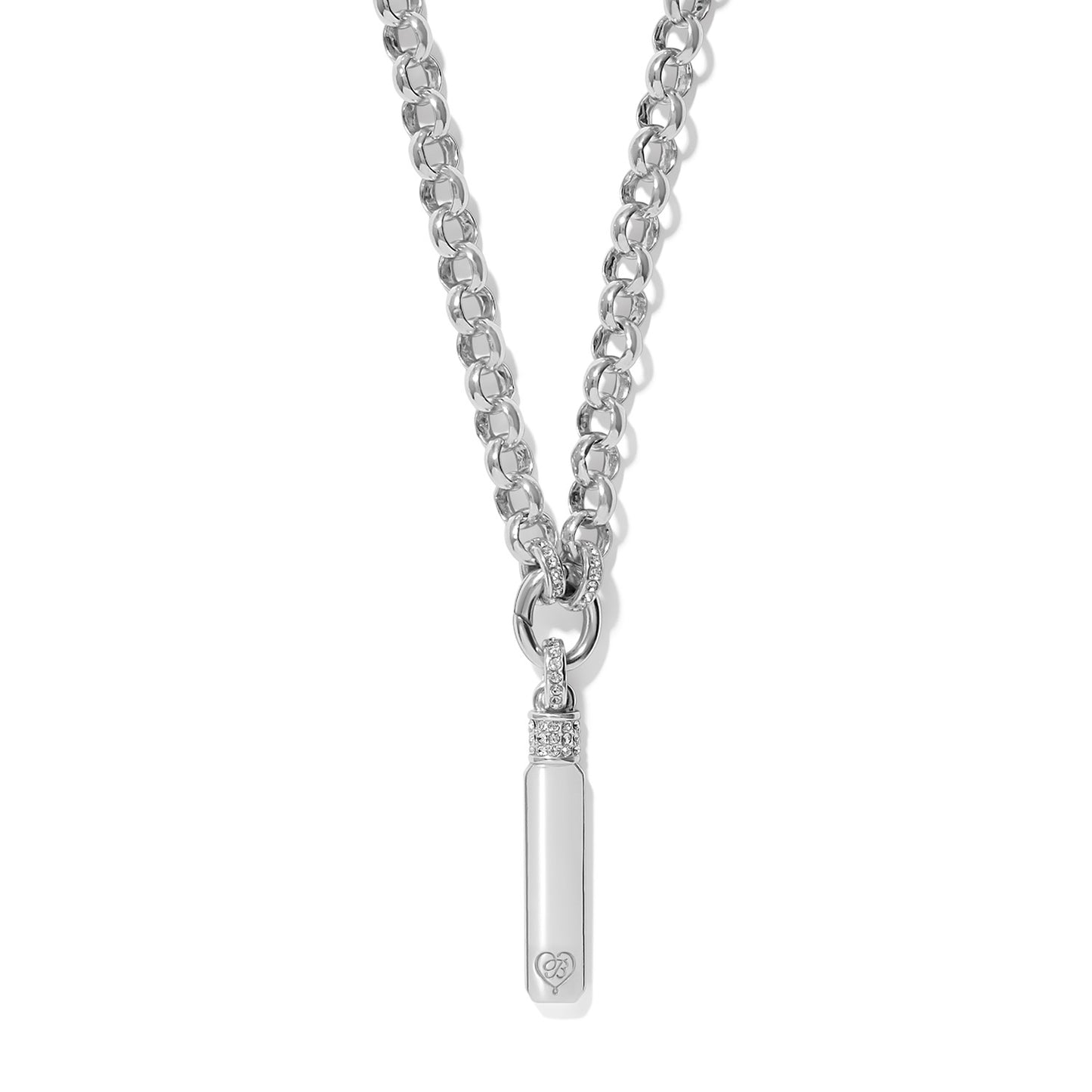 Brighton pendant necklace with silver-plated rolo chain and crystal-accented vertical bar pendant on a white background