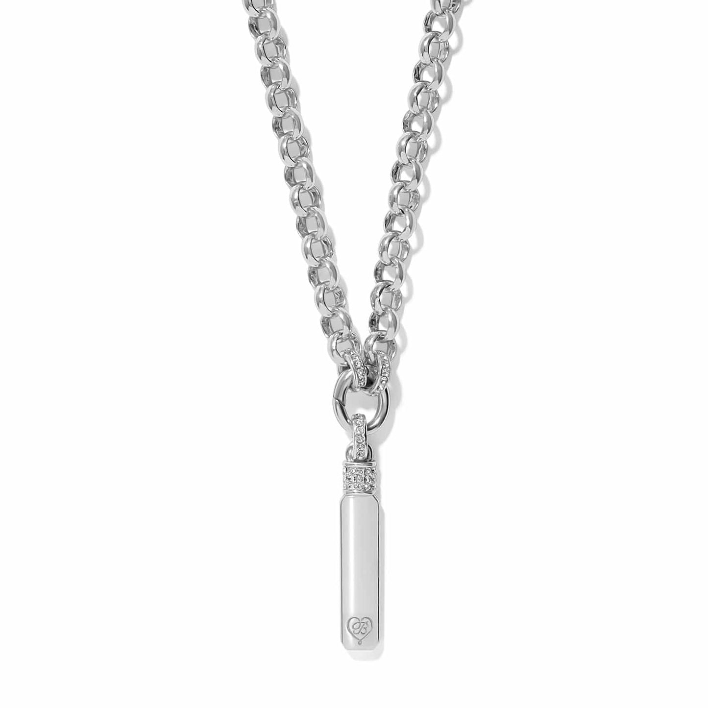 Brighton pendant necklace with silver-plated rolo chain and crystal-accented vertical bar pendant on a white background