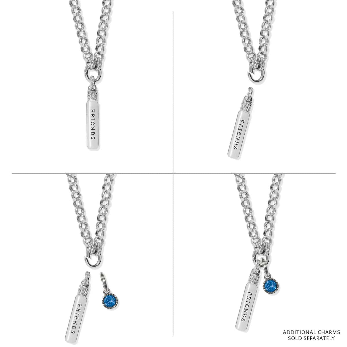 Brighton charm necklace shown in four views with silver-plated bar pendant engraved FRIENDS and blue crystal charm